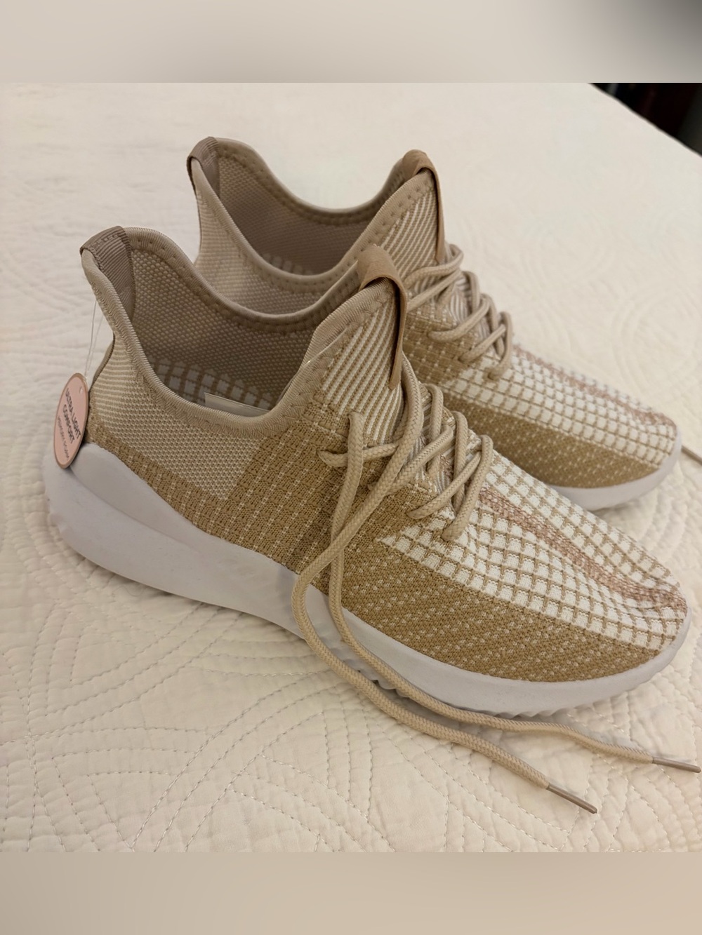 Danskin Neutral Knit Pull-On Lace-Up Sneakers - Tan & White size 8-1/2